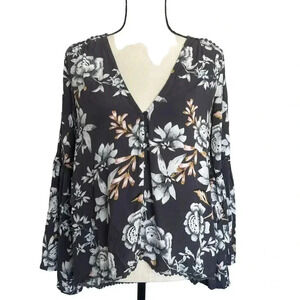 Jaase Blue Floral Button Up VNeck Bell Sleeve Hi-Low Hem Blouse Top Flowy Size S